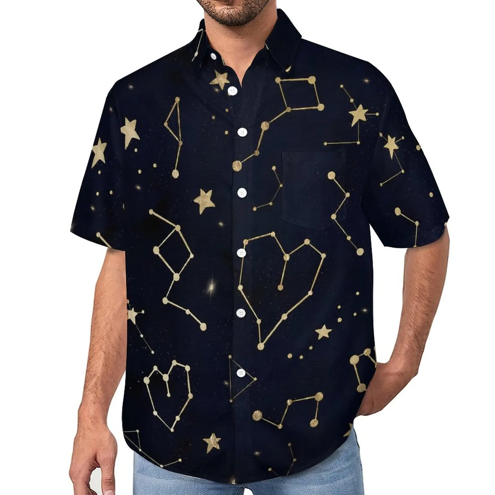 Space Print Beach Shirt Gold Heart Star Hawaii Casual Shirts Men Retro Blouses Short Sleeve Graphic Top 3XL 4XL