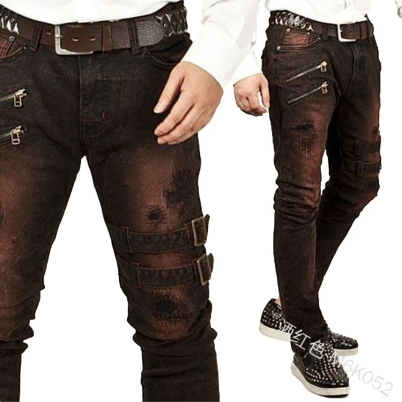 Streetwear Vintage Jeans Men's Jeans Summer Slim-Fit Zipper Ripped Jeans Men's Casual Low Waist Button Denim Straight-Leg Pants