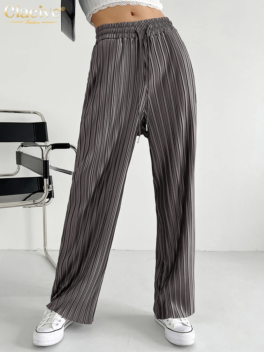 

Clacive Casual Gray Pleated Women Pants 2023 Fashion High Waist Straight Pants Vintage Lace-Up Classic Trousers Female Clothing