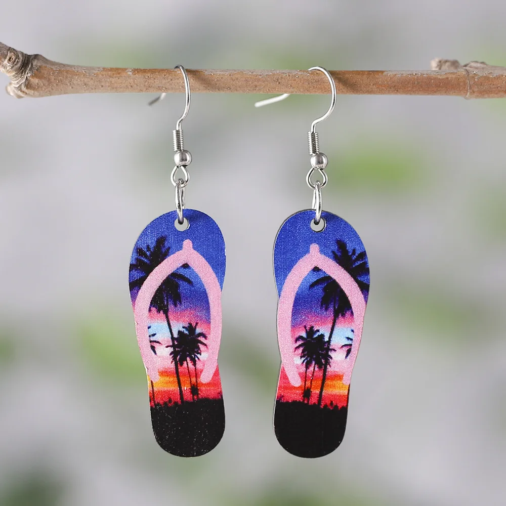 

Beach Coconut Tree Sunset Herringbone Slippers Earrings Hawaii Holiday Earrings Bohemian Double sided Wooden Ear Rings Gift