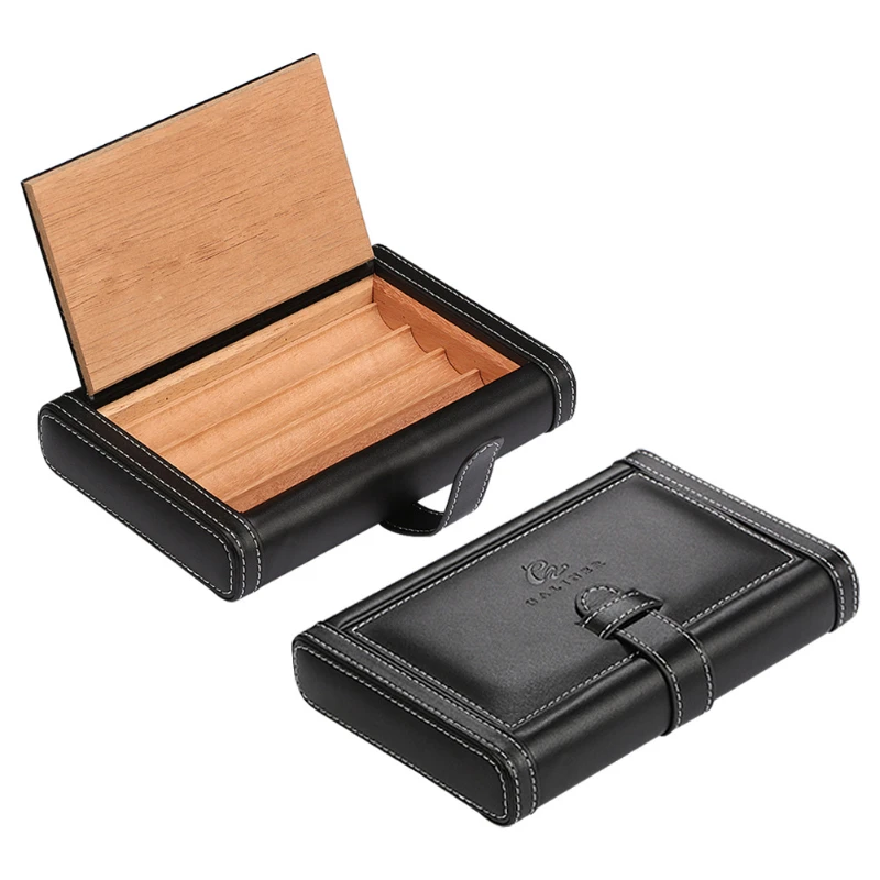 Portable Cedar Wood Cigar Humidor Box Travel Leather Cigar Case Storage 4 Cigars Box Humidor Humidifier For Sigar