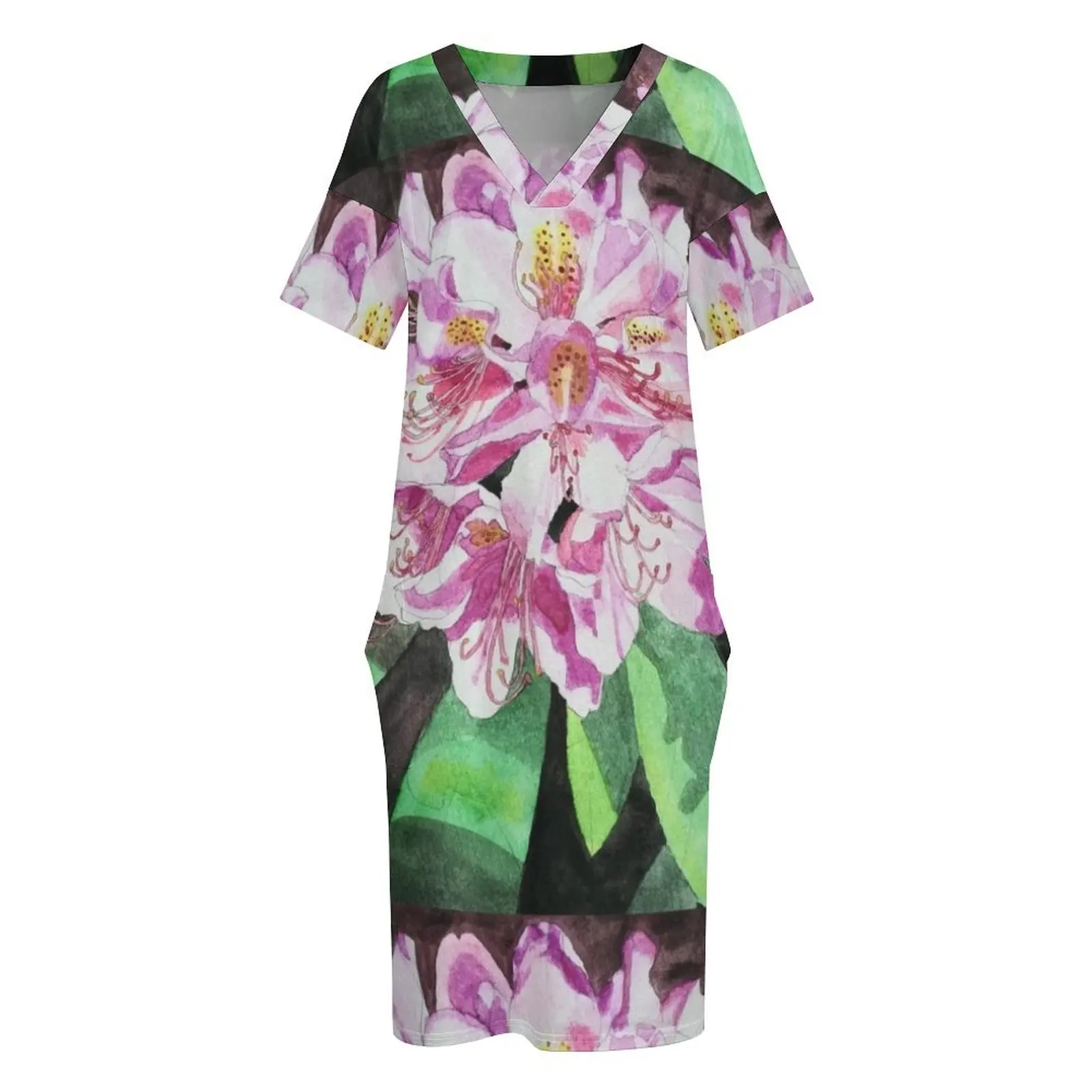 Розовый рододерн цветок акварельная живопись свободное карманное платье летнее