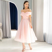 pale pink bridemaid dress midi off shoulder 2022 bridesmaid gown a line v neck tea length simple party dresses for wedding