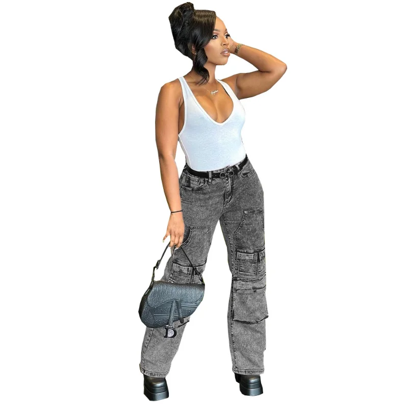 Straight Pants Denim Women's Multi-pocket Elastic Waistband Washed Hollow