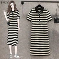 ehqaxin autumn new ladies knit dress 2022 fashion loose striped t shirt short sleeve casual pullover dresses for female m 4xl