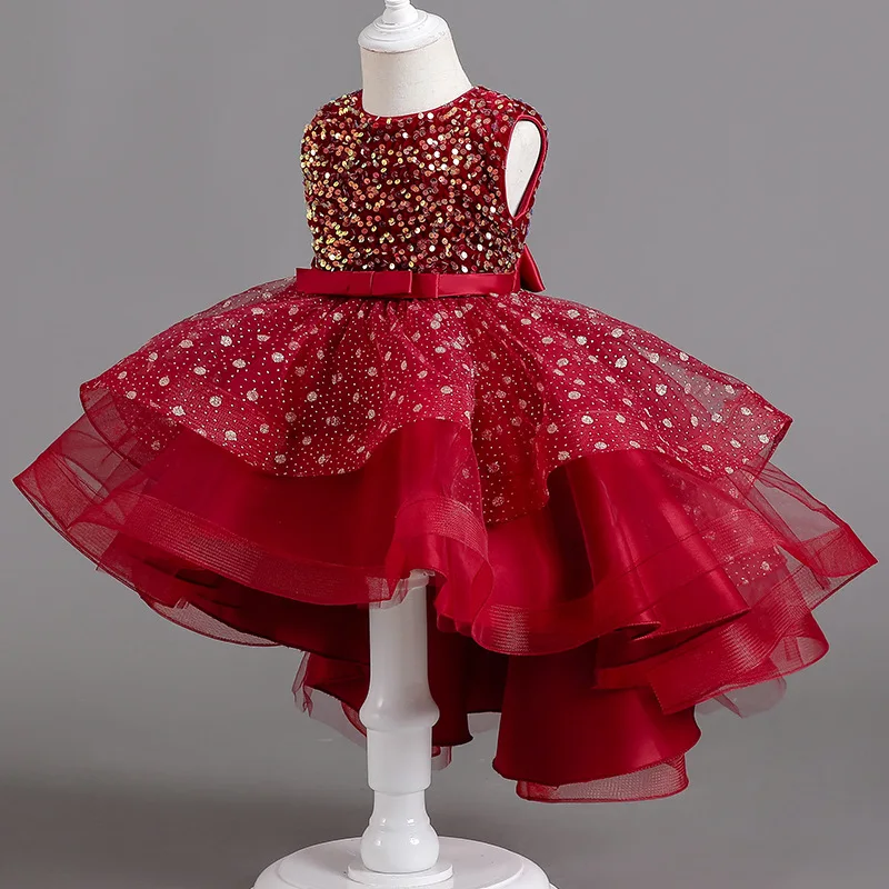 

Kids Girls Youth Junina Party Evening 5 8 10 12 To 14 Years Women Graduation Gown Dresses Child Long Red One-Piece Sequin Gown