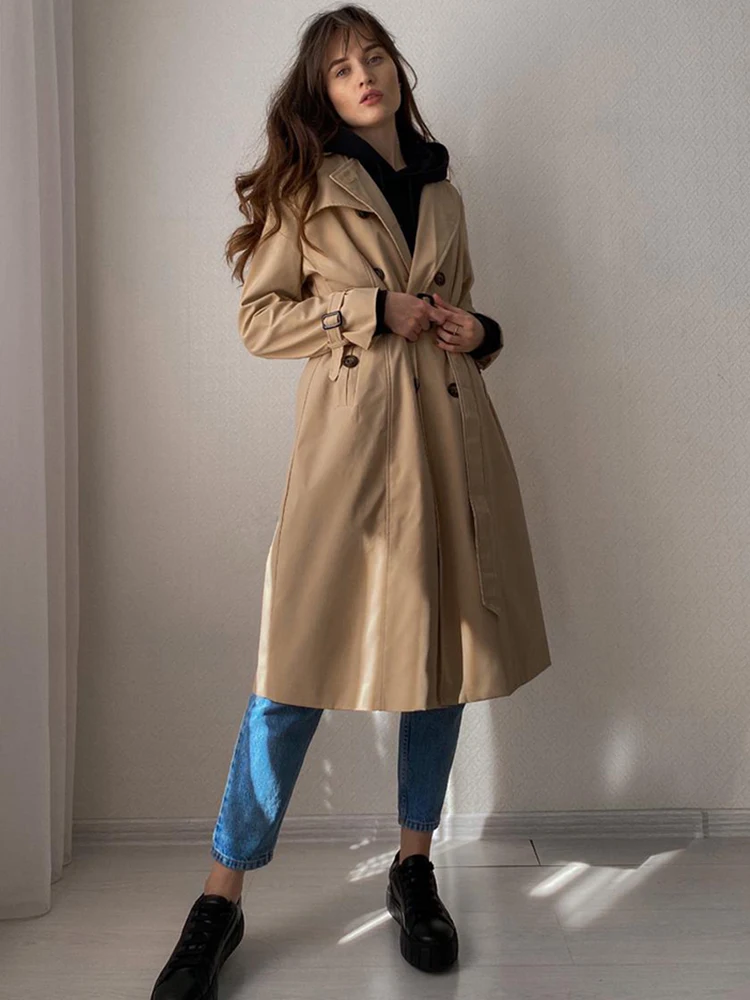 

FTLZZ New Autumn Winter Elegant Women Turn-down Collar Double Breasted Solid Coat Casual Lady Slim Long Trench with Belt