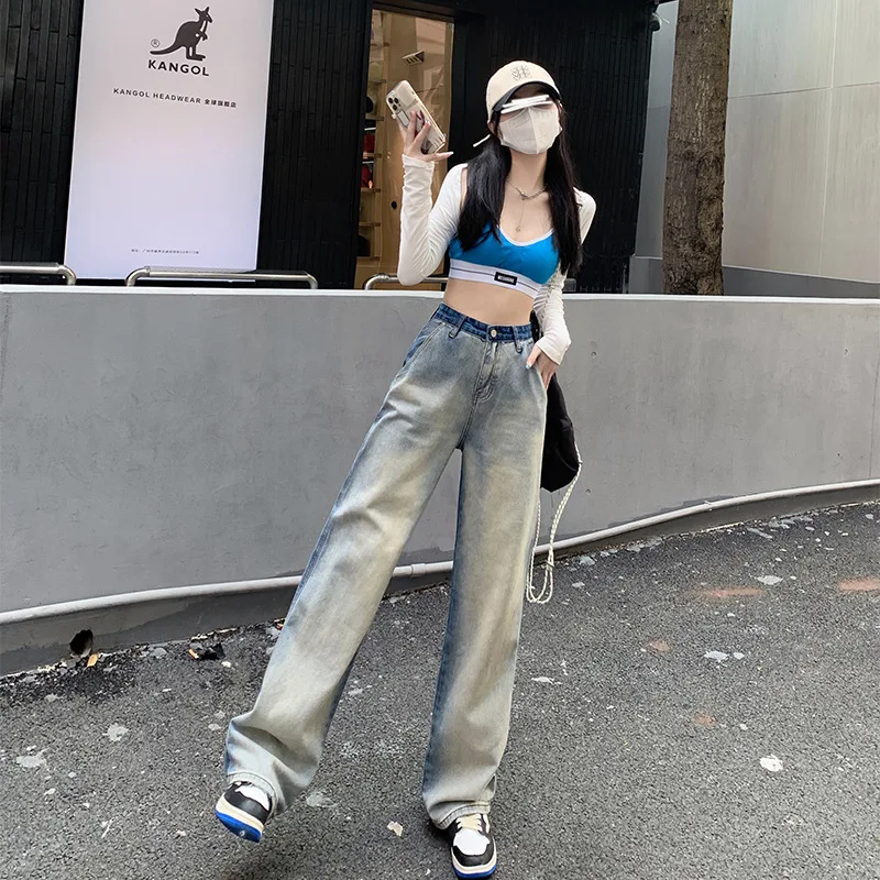 

Женские Прямые Моющиеся джинсы с высокой талией, Осенние тонкие свободные драпированные брюки с широкими штанинами, новинка 2022