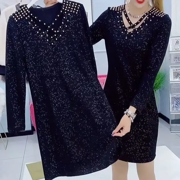 

Elegant Long Sleeve Dress Women's Clothing 2023 Autumn Winter New Korean Large Size Slim V-neck Gold Sheet Rivet Dress AC918