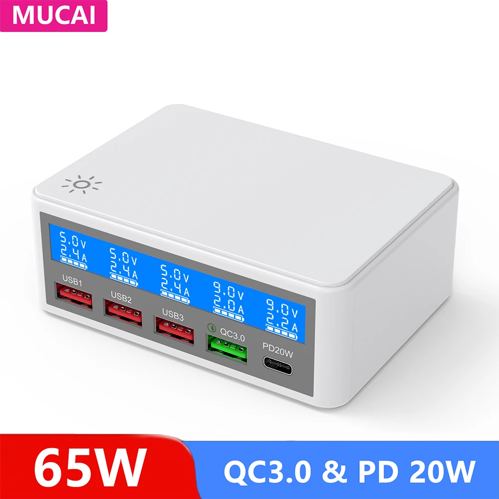 

MUCAI 65 Вт многопортовое usb быстрое зарядное устройство qc3.0 pd портативное быстрое зарядное устройство 20 Вт фаблет зарядная станция с ЖК-дисплеем