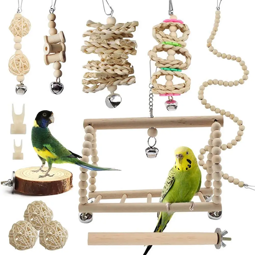 

NEW 13pcs Bird Wooden Toy Set Perch Stand Swing Rattan Ball Parrot Chewing Toys Bird Supplies With Bells