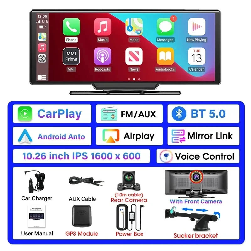 

10,26 "реєстратор 4K, автомобильное зеркало, видеоплеер, беспроводной Carplay, Android, автомобильный монитор, мультимедийная GPS-камера заднего вида, приборная панель