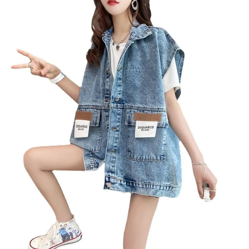 Женский джинсовый жилет свободная короткая куртка без рукавов уличная одежда из