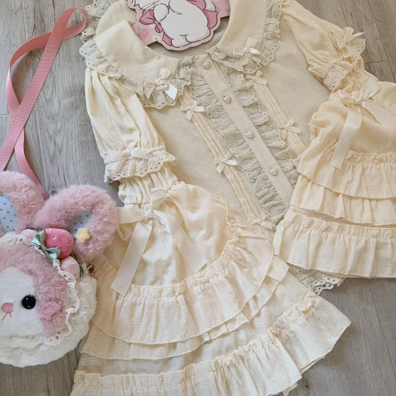 Фото Женские японские рубашки в стиле Sweet Lolita, винтажные блузки Y2K с кружевом и бантом, с отстегивающимися рукавами, одежда для девочек, милые топы Kawaii №4