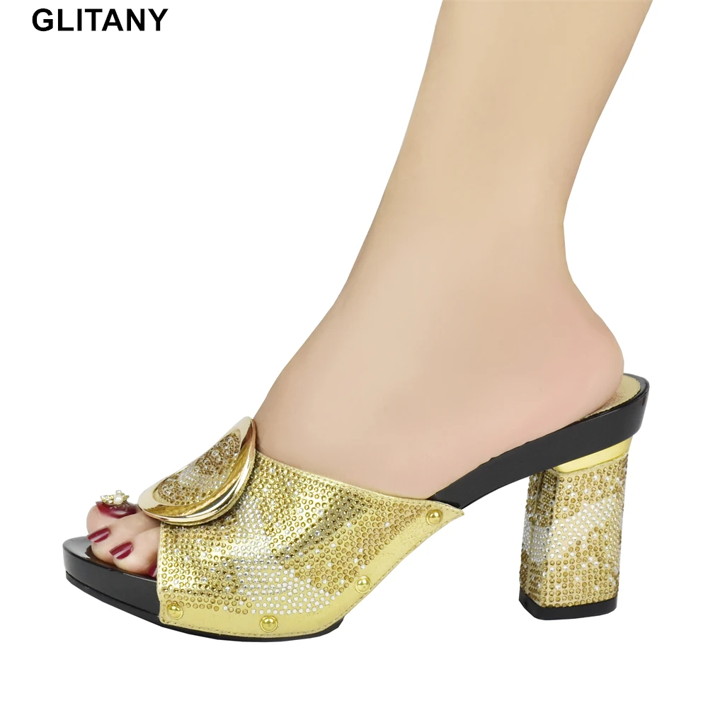 

Новое поступление, туфли золотого цвета, свадебные туфли в африканском стиле, высококачественные элегантные Итальянские женские туфли с камнями, женские туфли-лодочки на высоком каблуке