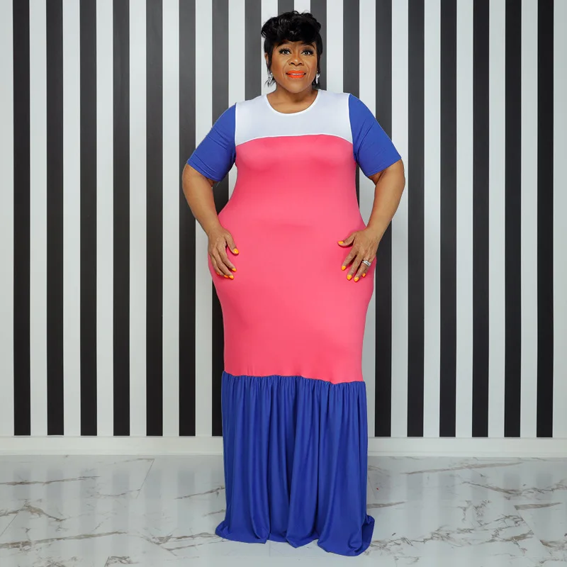 2022 Summer New Round Neck Multicolor Stitching Ruffled Plus Size Fishtail Dress Fashion Elegant Temperament Color Midi Skirt 5X