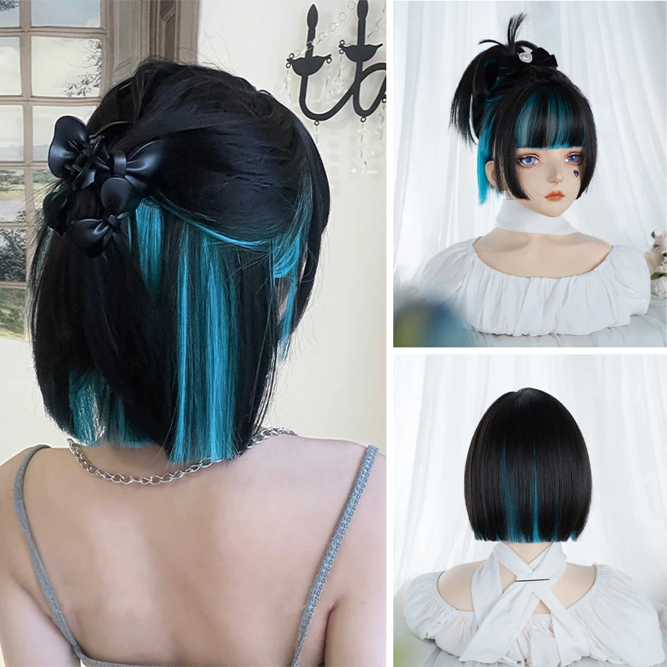 

BeautyEnter Synthetic Wig Black highlights blue ripple Wig With Bangs For Women Short Hair Layered Heat Resistant Cosplay Party
