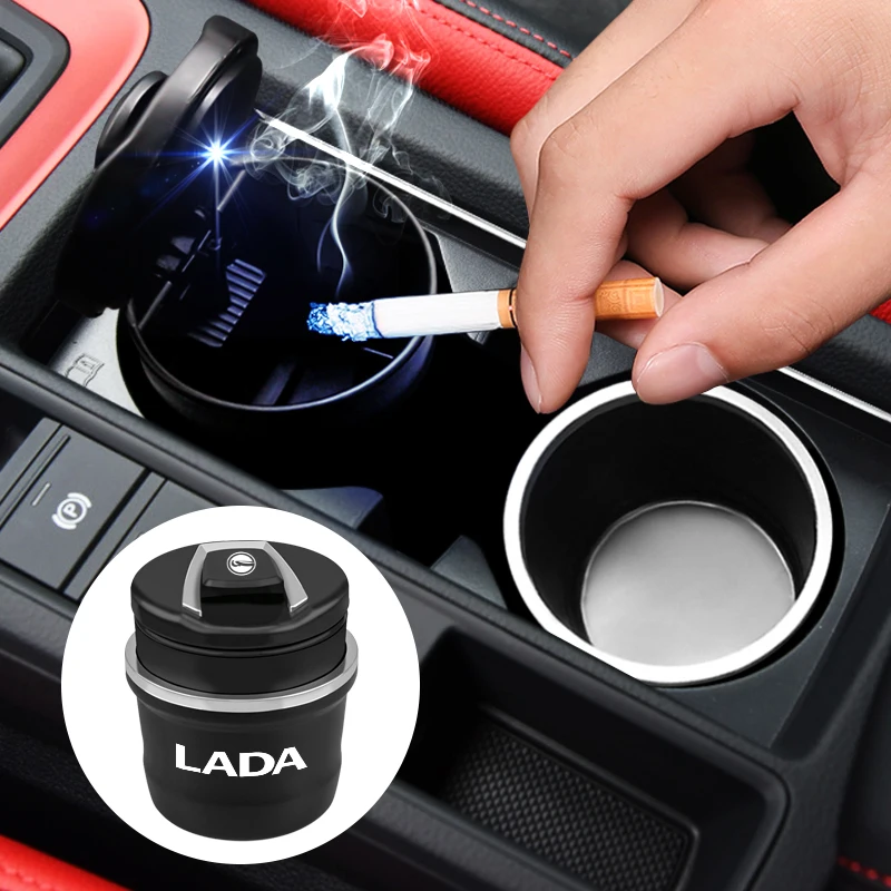 

Portable Car Logo Ashtray Blue LED Light Ash Case Cigarette Cup Holder Coin Storage Box For LADA Vesta Kalina Priora samara Niva