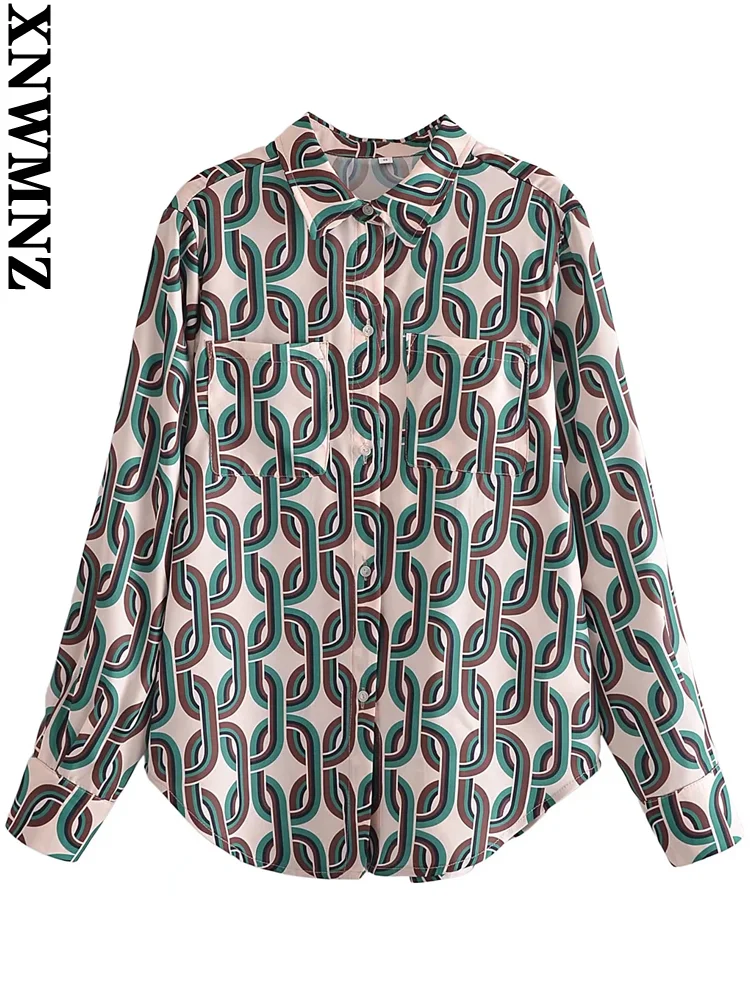 

XNWMNZ blusa feminina 2022 fashion with pockets print poplin blouses vintage long sleeve button-up female shirts chic tops