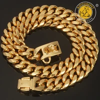 strong gold dog collar stainless steel cuban link chain 14mm wide metal pet necklace for small medium large dog collar product