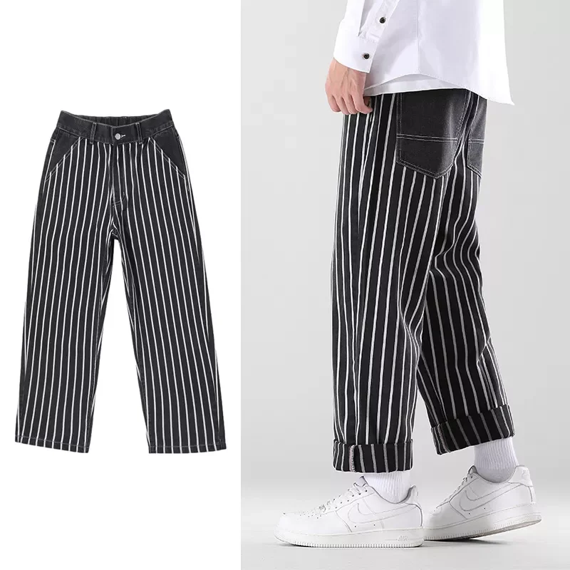 2022New Autumn New Men's Striped Denim Wide-leg Pants Korean Style Fashion Elastic Waist Baggy Jeans Male Brand Clothes