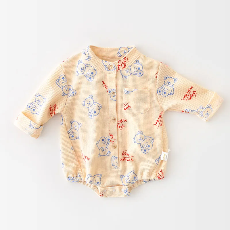 

Autumn Baby Bodysuits Waffle Boys Clothes Bear Print Toddler Outerwear