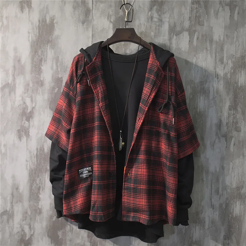 

2022 New Fashion Autumn Hooded Collar Plaid Stitching Sweatshirt Oversized Men Japanese Tide Drawstring Loose Casual Hoodies