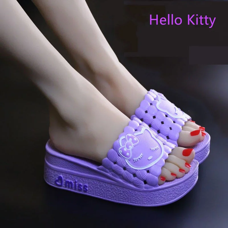 

Сандалии и тапочки Hello Kitty женские, толстая подошва, Нескользящие, на высоком каблуке, милые, летняя уличная одежда, подарок