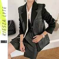 black wool coat new autumn winter 2022 fashion patchwork pu leather thick suit blazer lady jackets outerwear high quality