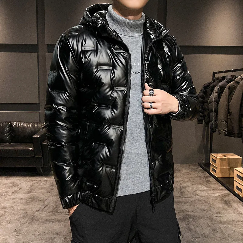 Men's Winter White Duck Down Down Coat Cotton Fashion Luster Quilted Hooded Coat Loose Casual Thickened Zipper Jacket Waterproof