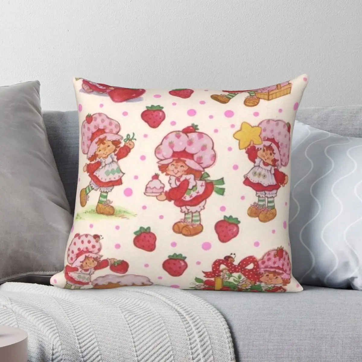 

Vintage Strawberry Shortcake Square Pillowcase Polyester Linen Velvet Creative Zip Decor Home Cushion Cover