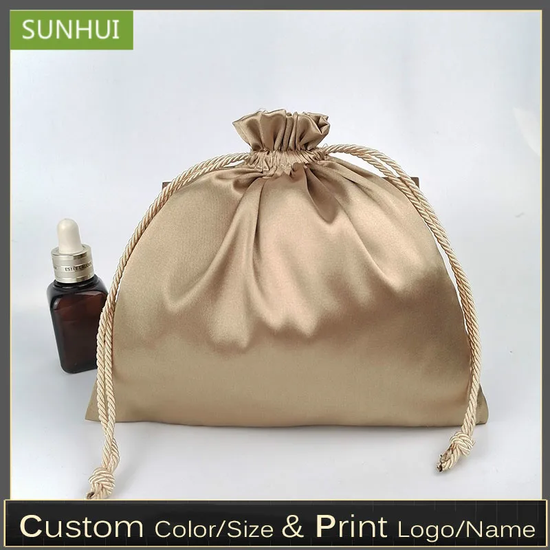 

Custom Logo silk satin Package Bag Extenssions HandBag Bodysuit Travel Organizers Beauty Case Drawstring Packaging Bag 20pcs/lot
