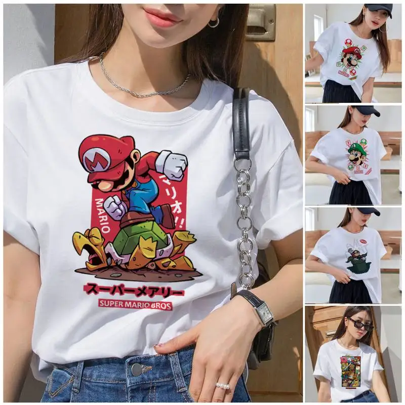 

Bandai Cute Super Mario Luigi T Shirt Summer Clothes Casual Women Tee Hip Hop O-Neck Streetwear Print Comfort T-shirt