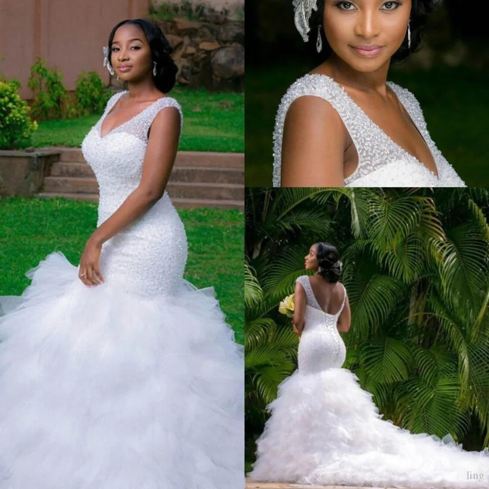 

Mermaid Plus Size Wedding Dresses 2020 Deep V Neck Beaded Sequins Layers Ruffles Chapel Train Lace Up Back Bridal Gowns