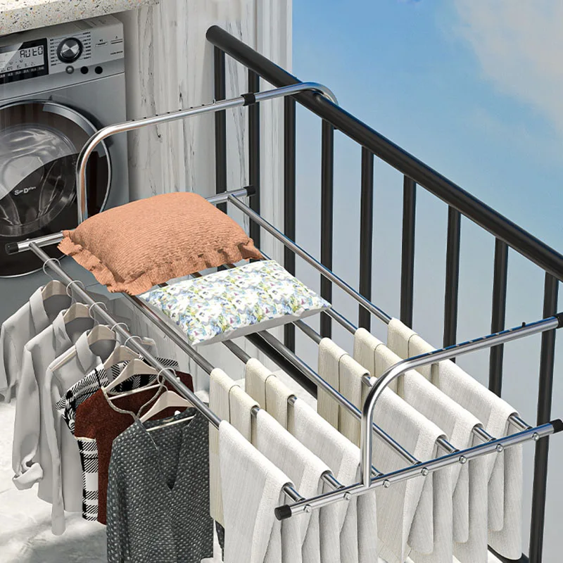 Balcony Folding Shoe Rack Stainless Steel Coat Hanger Window Guardrail Drying Shoes Towel Bar Multifunctional Storage Artifact