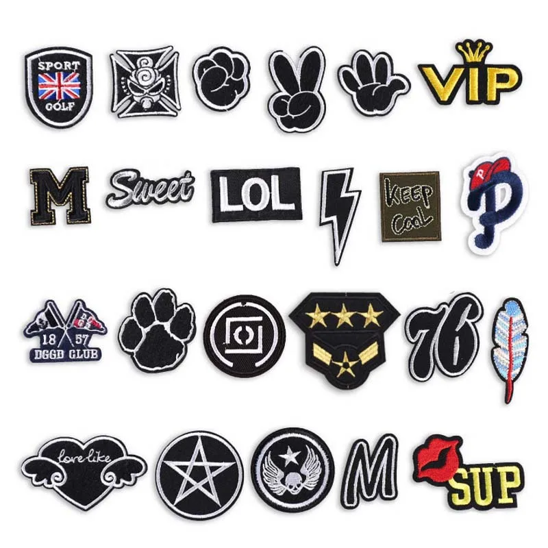 

Black Badges Iron on Anime Patches for Punk Clothes Embroidered Applique Custom Stickers Repair Embroidered Patches for Clothing