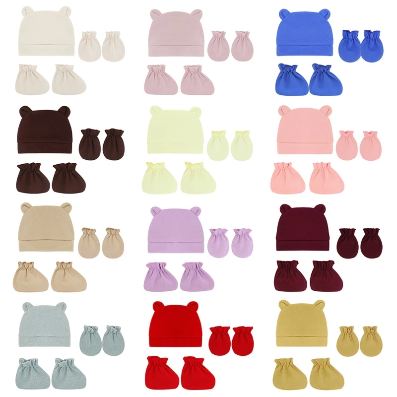 

3 Pcs/Set Baby Anti Scratching Soft Cotton Gloves Hat Foot Cover Set Solid Color