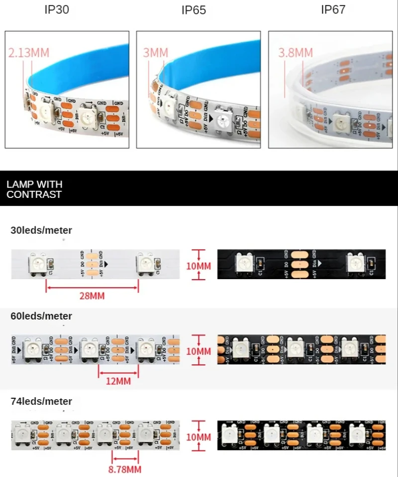 1-5 метров Smart DC5V WS2812B Светодиодная лента 30/60/74/96/144 светодиодов Черный/Белый PCB IP30/65/67
