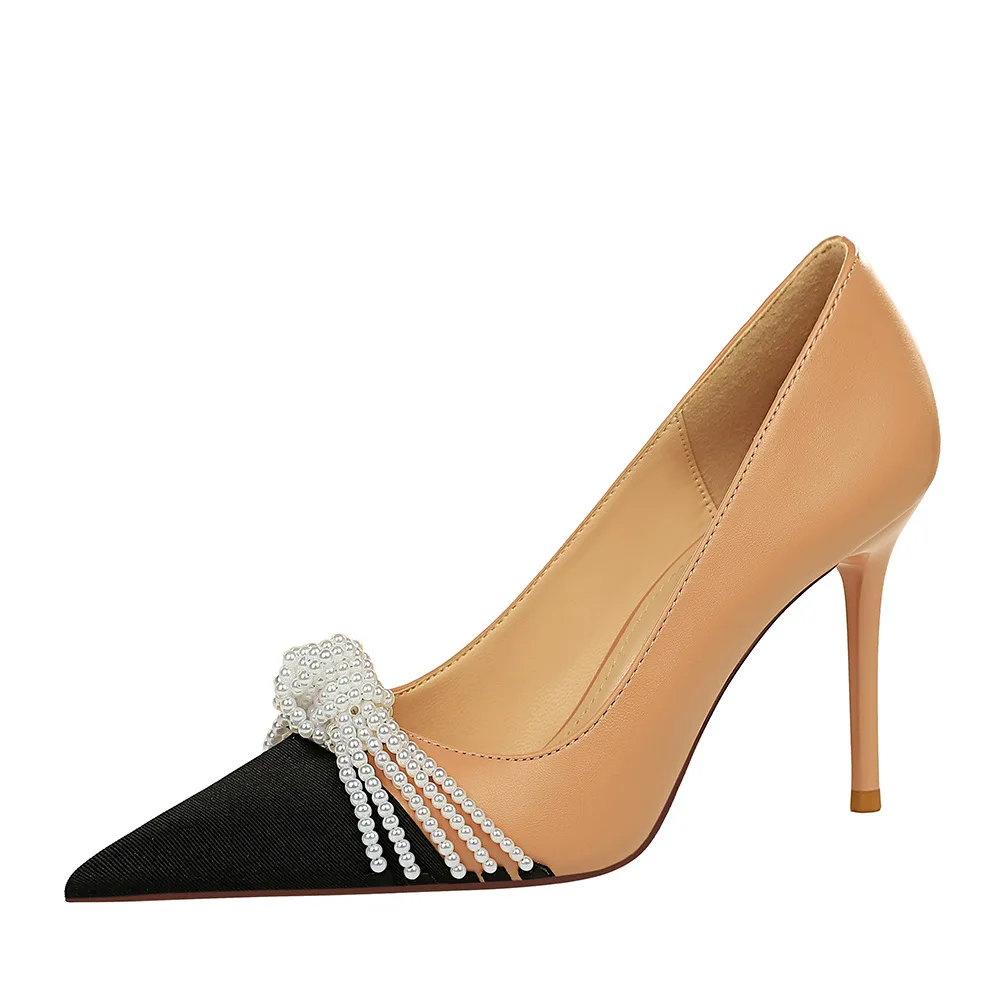 

Bowknot High Heel Shoes Pearl Decoration Shoes Pointed Toe Single Shoes Slim Heel Ladies Shoes Shallow Mouth Women's Shoes
