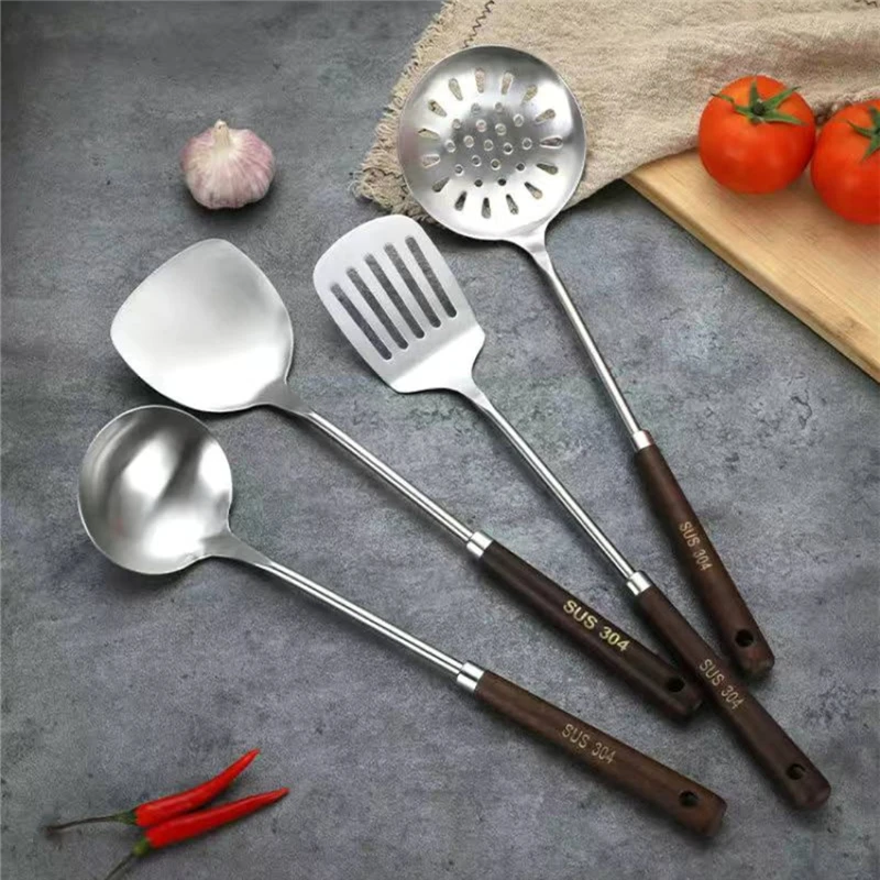 

Kitchen Accessories Stainless Steel Wooden Handle Kitchenware Cooking Tools Spatula Soup Ladle Rice Spoon Colander Nonstick Pans