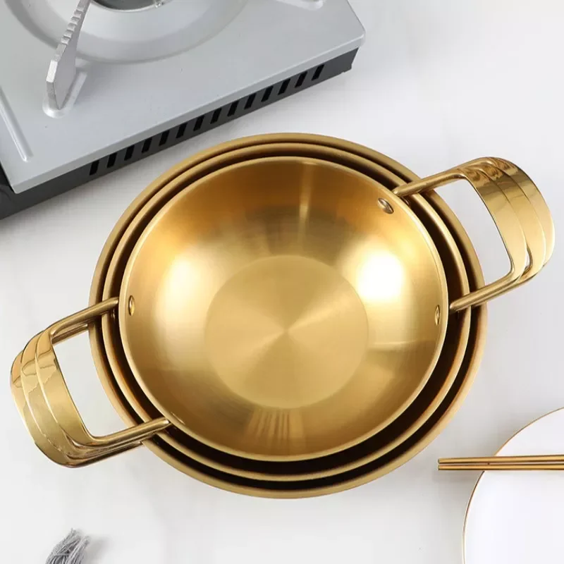 

Stainless steel seafood pot golden thickened single small hot pot household Korean instant noodle pot double ear seafood pot