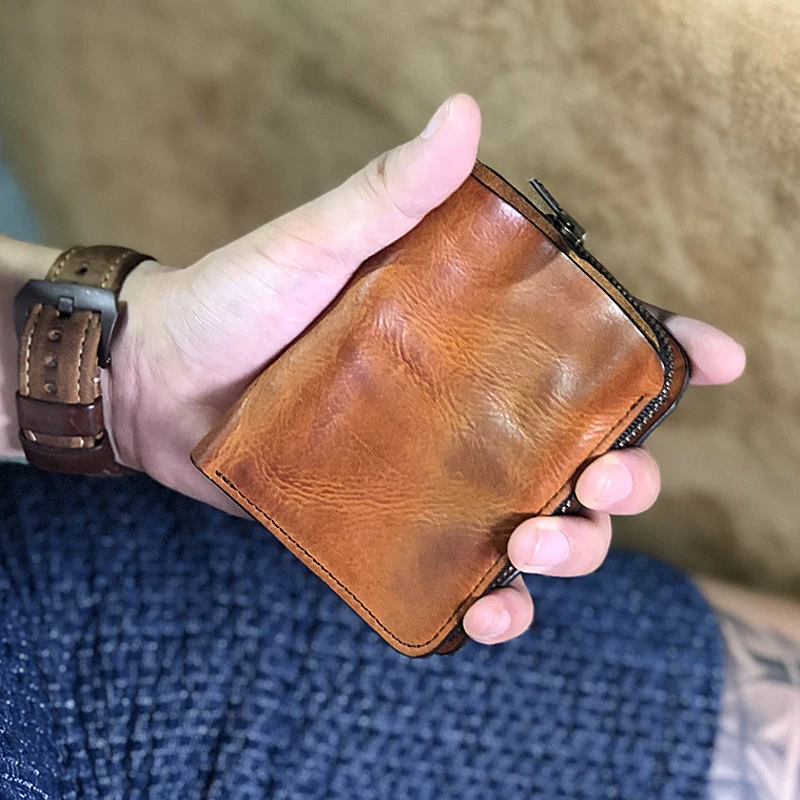 

EUMOAN Original handmade vegetable tanned cowhide men's short wallet retro leather vertical small wallet with driver's license