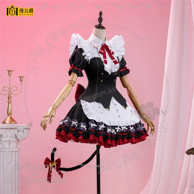 Фото Костюм горничной Chisa Cat Tail Sweet Gothic: черно-бело-красное мини-платье с рюшами, длинный парик, значок Wuthering Waves для Хэллоуина и косплея №4