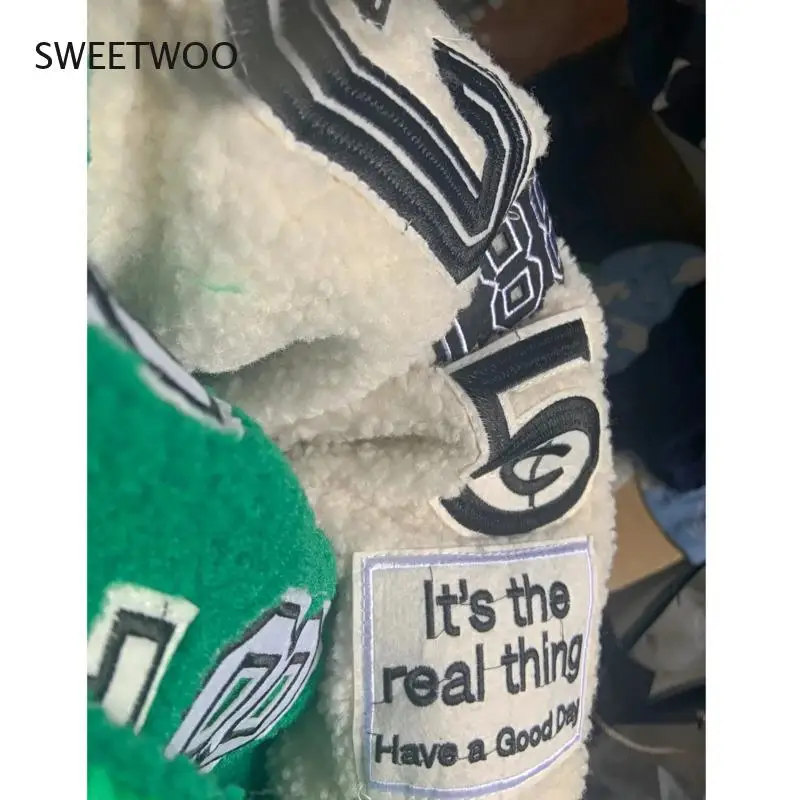 Green Y2K Baseball Coat Winter Coat for Women Faux Teddy Fur Coat Basic Jackets Outerwear Female Fashion Vintage Harajuku Kawaii