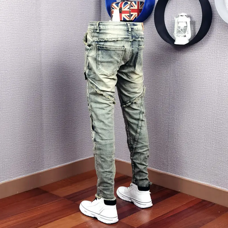 Spring and Autumn New Ripped Mens Jeans Patch Slim Feet Trend Retro Denim Pant for Men Fashion Mens Trousers