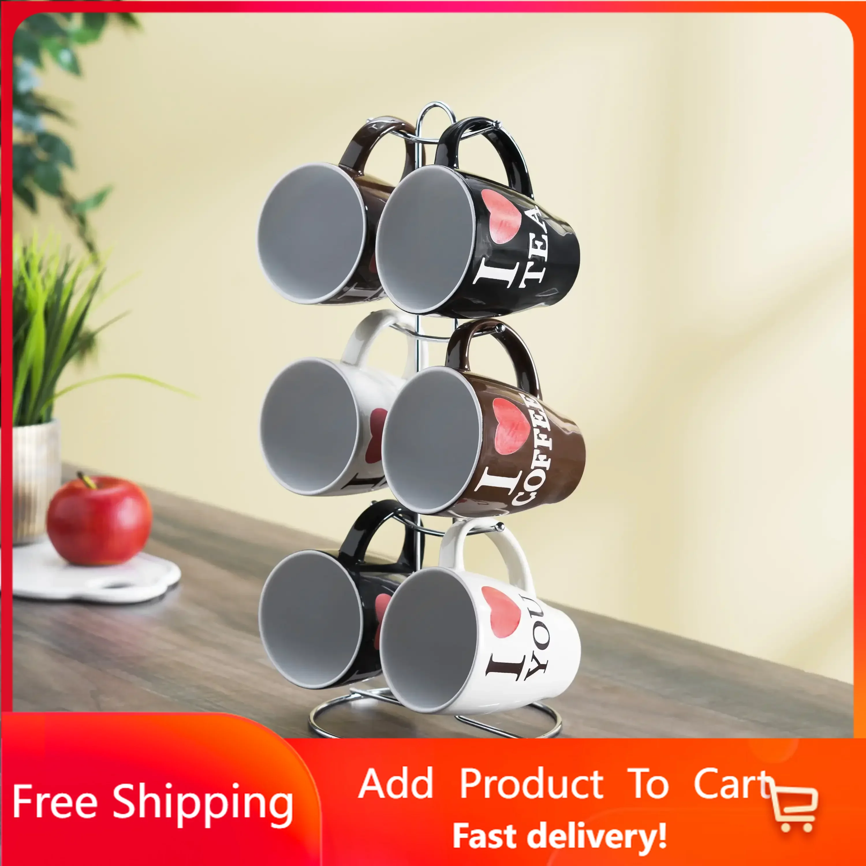 

I Love Coffee 6 Piece Stoneware Mug Set with Stand, Shelf , Kitchen Items , Mug , Mugs Coffee Cups