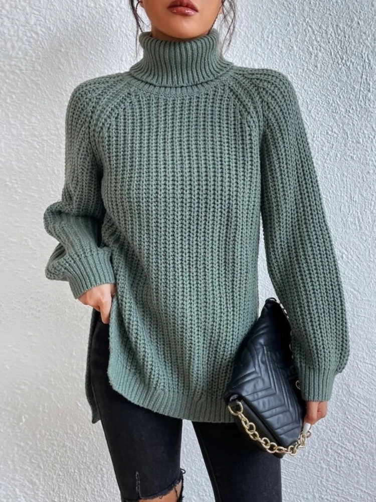 

Oversized Sweater 2023 Autumn Winter New Raglan Sleeves High Polo Neck Mid Length Split Sweater Temperament Solid Color Top