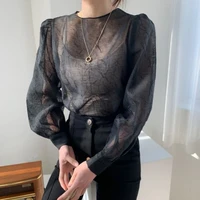 korean fashion summer long sleeved mesh pleated t shirt sexy sweet mesh micro through top womens clothing t shirt for women