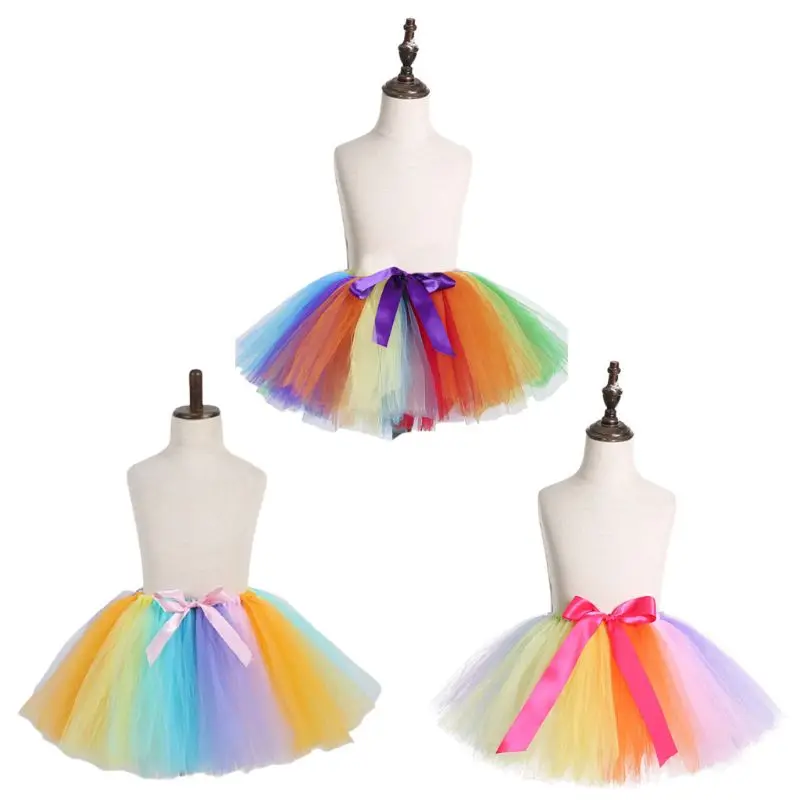 

Women Girls Rainbow Colorblock Tutu Skirt Layered Tulle Bow Ballet Dance Pettiskirt Carnival Party Costume