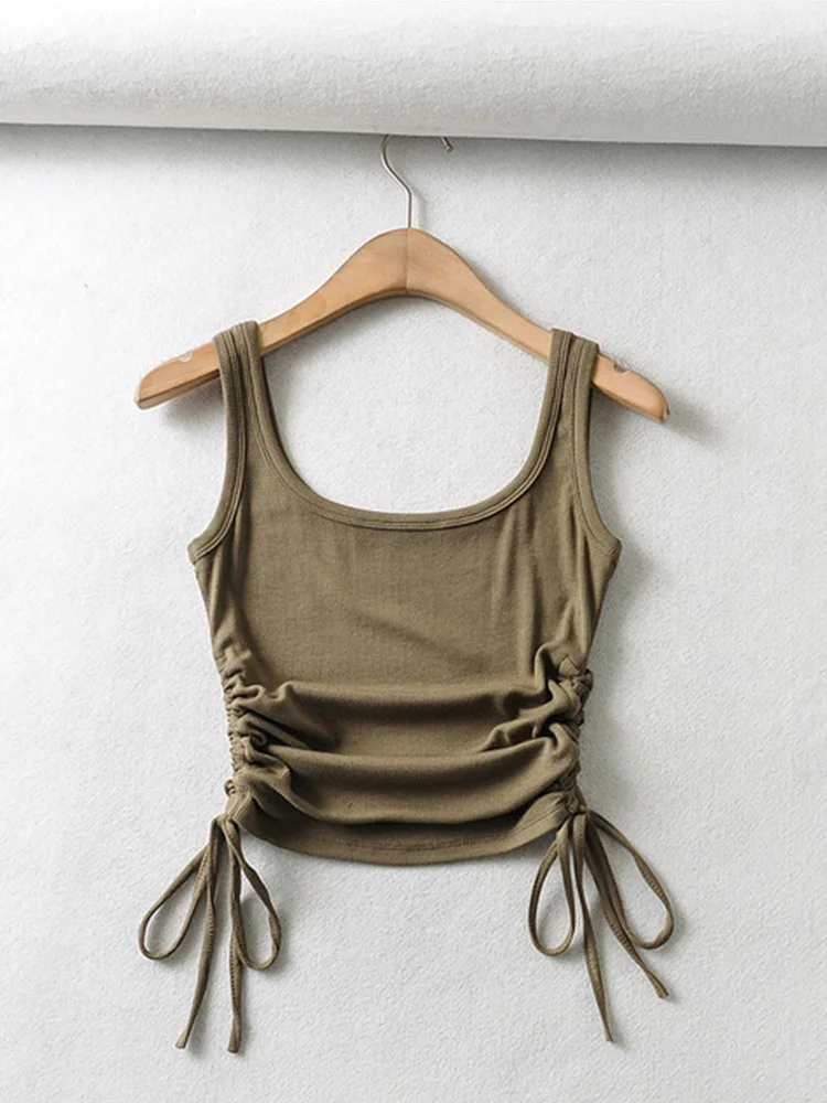 

2023 Hot sale New Arrival Girls Casual Solid Colour Two Side Drawstring Vest Folds Shirring Sexy Tank&Camis